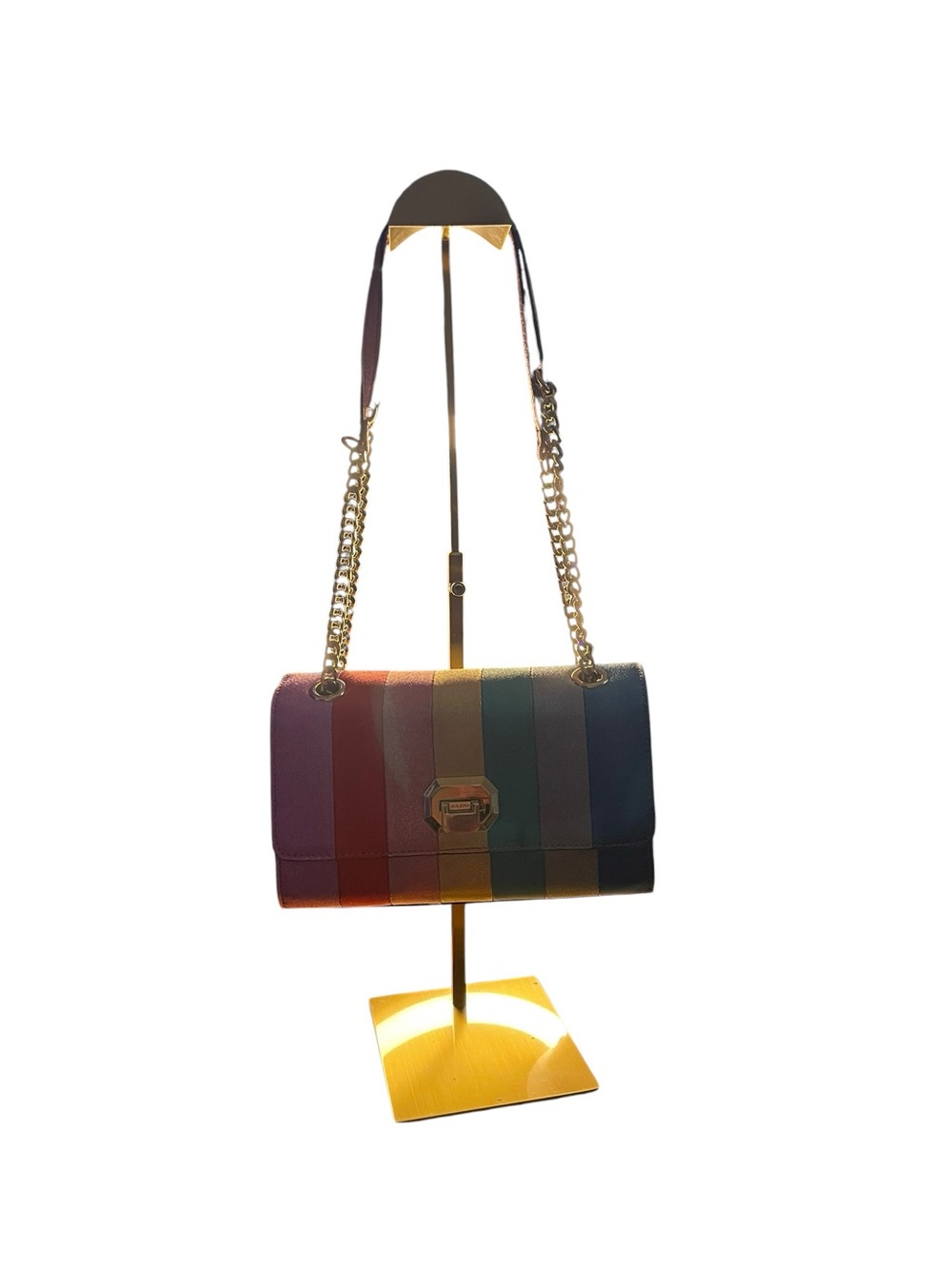 ALDO Rainbow Stripe Metallic Flap Crossbody Shoulder Bag Gold Chain